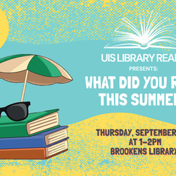 Books with sunglasses and umbrella on a teal background with event details.