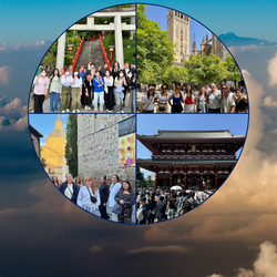 a collage of group photos on top of clouds