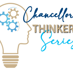 Light bulb logo with gears, text reads "Chancellor's Thinkers Series".
