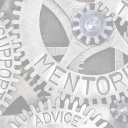 Gears with words like mentoring, support, training, advice; promoting faculty program.