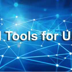 AI Tools for UIS text on a blue network-themed background.