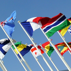 Flags from various countries waving against a clear blue sky.