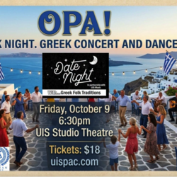 Greek-themed event poster with people dancing in a coastal village.