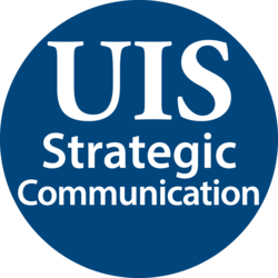 Round logo that says UIS Strategic Communication in white font on dark blue background.