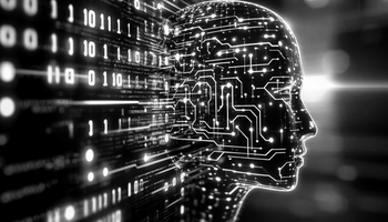 binary language and digital circuitry digitally projected on a mannequin head