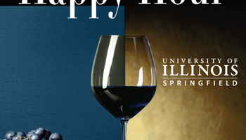 glass of wine and grapes with alumni happy hour and UIS logo