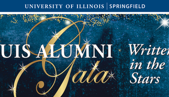 Blue background with white and gold stars and the UIS logo, Alumni Gala logo and Written in the Stars