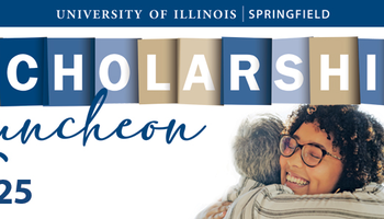 two people hugging with the UIS and Scholarship Luncheon 2025 logos