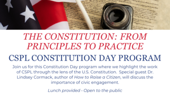 Constitution Day Program graphic with flag and quill pen