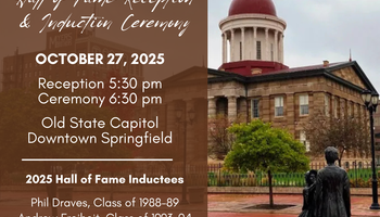 Illinois Old State Capitol with text describing the Sam Gove Legislative Intern Hall of Fame 2025 Reception and Ceremony