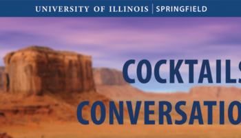 Desert landscape with text: Cocktails & Conversations.