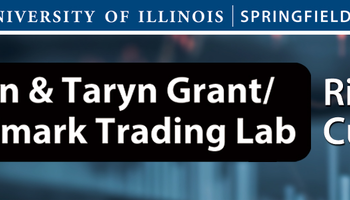 University of Illinois Springfield logo, text reads "Landmark Trading Lab Ribbon Cutting."