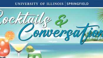 Tropical beach with cocktails and a “Cocktails & Conversations” logo.