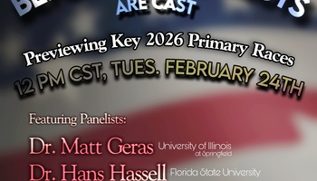 Event poster with text about a panel on primary races featuring three professors of political science