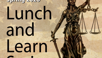 Lady Justice statue on a U.S. flag backdrop. University of Illinois Springfield logo.