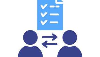 Two figures exchanging information beneath a document.