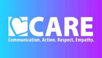 CARE logo with a heart icon, on blue to purple gradient background.