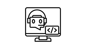 Computer graphic with chatbot and code symbol.
