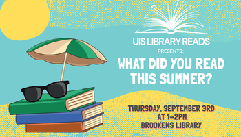 Books with sunglasses and umbrella on a teal background with event details.