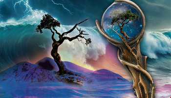a surrealist compliation of a withered tree and a magical staff in a storm by mountains near an ocean