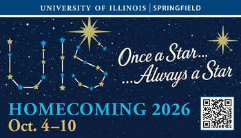 UIS Homecoming 2026 banner with star theme and QR code.