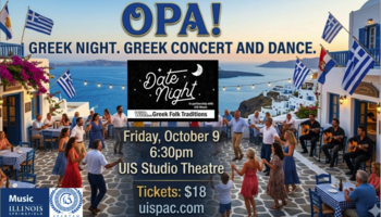 Greek-themed event poster with people dancing in a coastal village.