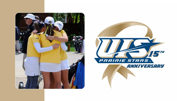 UIS women's golf team celebration photo and UIS Athletics 15th Anniversary of DII membership logo