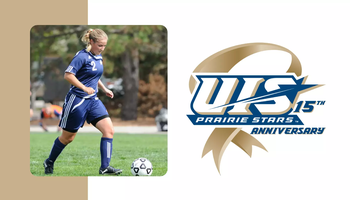 Erin Egolf playing soccer, UIS Athletics 15 years of NCAA DII logo