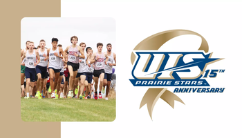 A photo of the 2022 UIS men's cross country team with the UIS 15 Years of NCAA DII logo