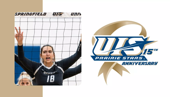 A photo of Alli Split at the net paired with the logo for UIS Athletics NCAA DII 15 Year Anniversary