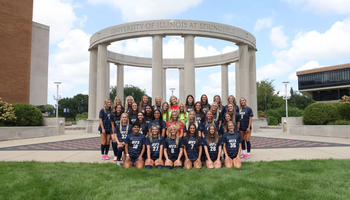 2026 UIS Women's Soccer team photo, athletes in uniform at UIS colonnade