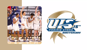 A celebration photo of the 2022-23 men's basketball team paired with the 15 Years of NCAA DII Anniversary logo