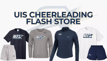 UIS Cheerleading Flash Store graphic. Assorted Prairie Stars gear in blue, white, and gray. 
