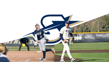 First pitch graphic featuring secondary UIS Athletics logo along with photos of Alexis Carroll and Adam Lindsey