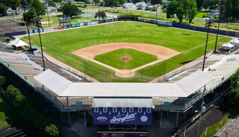A photo of Robin Roberts Stadium in Springfield, featuring baseball field and press box