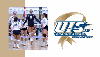 A photo of 2018 UIS Volleyball celebrating, 15 Years of NCAA DII Anniversary Series logo