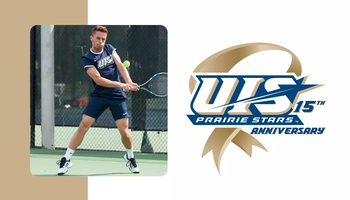 A photo of Sam Clarke playing tennis, 15 Years of NCAA DII Anniversary Series logo