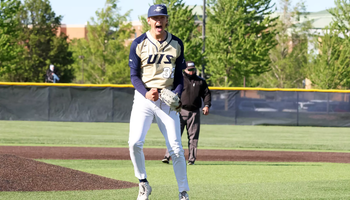 Mark DeCicco celebrating a strikeout at the UIS baseball field