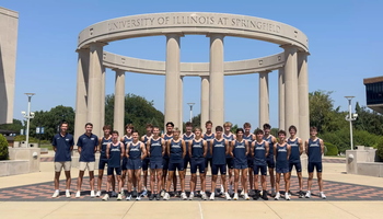 2026 UIS Men's Cross Country team photo at the Colonnade at UIS