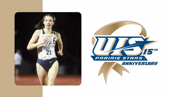A photo of Taryn Christy running track, paired with the UIS Athletics 15 Years of NCAA DII logo