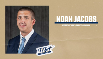 Noah Jacobs, Assistant men's basketball Coach. UIS Athletics logo. Gold background with blue accents