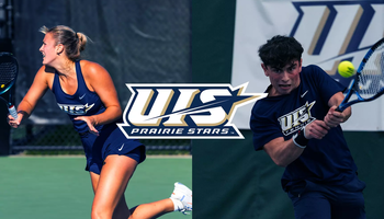 Photos of UIS tennis athletes and UIS Prairie Stars logo