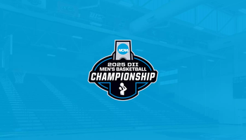 A photo of TRAC arena in the background behind a 2025 NCAA DII Men's Basketball Championships logo