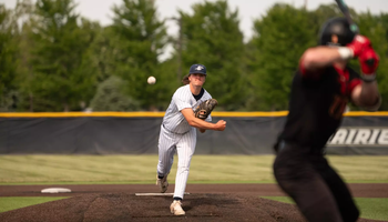 Ben Benoit pitching to UMSL batter at UIS