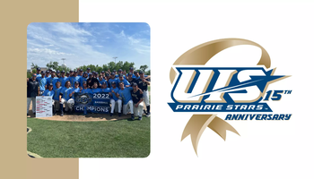 A photo of GLVC Champion UIS baseball team paired with 15 year of ncaa dii anniversary series logo