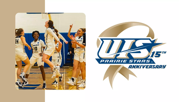 A celebration photo on court of 2021-22 UIS women's basketball, paired with UIS Athletics logo for 15 years of DII membership celebration