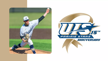 A photo of AJ Dean pitching in UIS baseball uniform, paired with UIS Athletics logo for 15 years of DII membership celebration