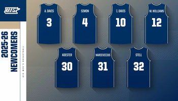 Graphic introducing the 2025–26 UIS Men’s Basketball newcomers. Seven navy jerseys with white text are displayed, each showing a player’s last name and number. Top row: A. Davis (#3), Simon (#4), I. Davis (#10), M. Williams (#12). Bottom row: Koester (#30), Narcevicius (#31), Stell (#32). On the left side, UIS Prairie Stars logo and text reads ‘2025–26 Newcomers, UIS Men’s Basketball.’"