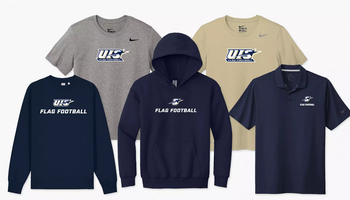 Images of various flag football gear including shirts, hoodie, and polo with UIS Flag Football logos