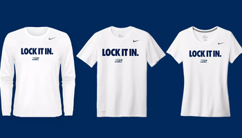 UIS 'Lock It In" tees, white shirt on a blue background